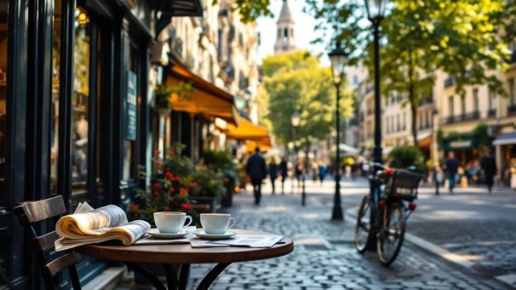 Photorealistic daytime view of Saint-Germain-des-Prés in Paris, with cafés, boutiques, and the iconic church tower under golden sunlight.