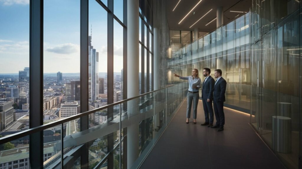 Two EU investors with a real estate agent inside a high-rise office building in Frankfurt, exploring commercial property investment opportunities.