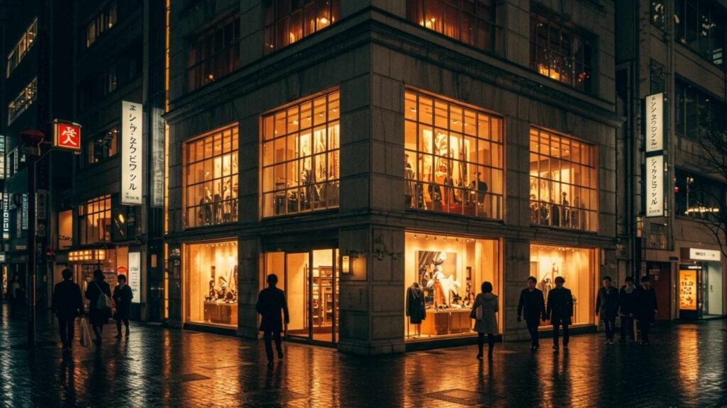 Flagship Japanese designer boutique in Ginza at night with illuminated storefront and reflections on wet pavement.
