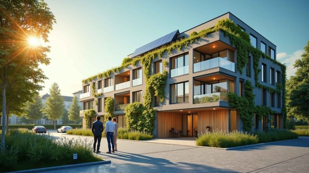 A European couple tours a green-certified residential building in Germany, guided by a sustainability expert, showcasing eco-conscious real estate options.