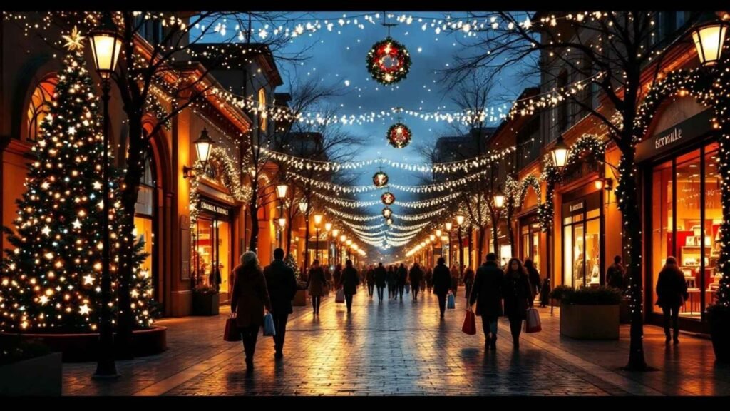 Christmas lights and holiday decorations at Serravalle Designer Outlet with shoppers carrying gift bags.