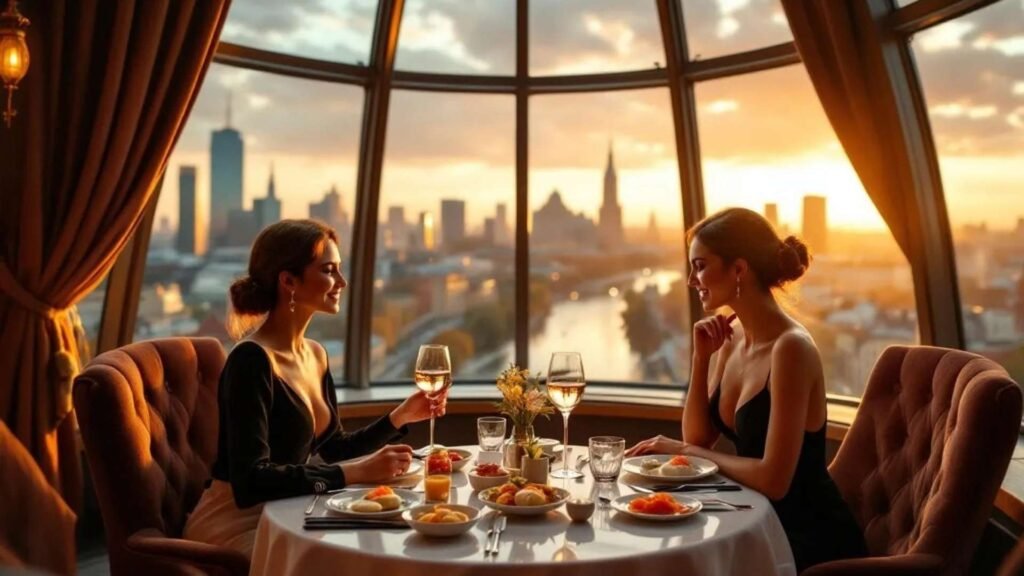 Two elegant women dining at Moscow’s White Rabbit restaurant with gourmet Russian dishes and panoramic skyline views.