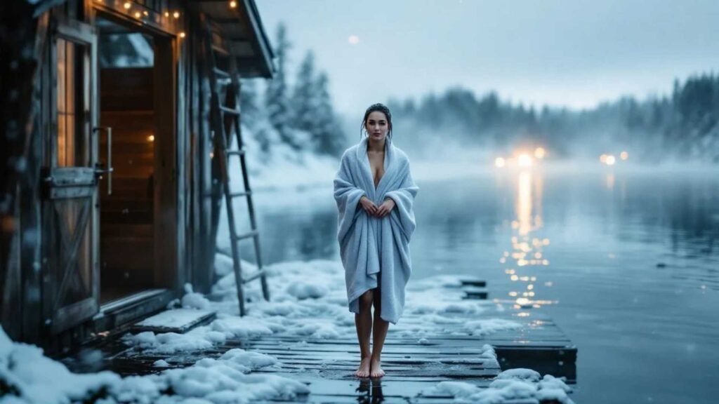 Woman stepping into icy water outside a floating sauna in snowy Tromsø