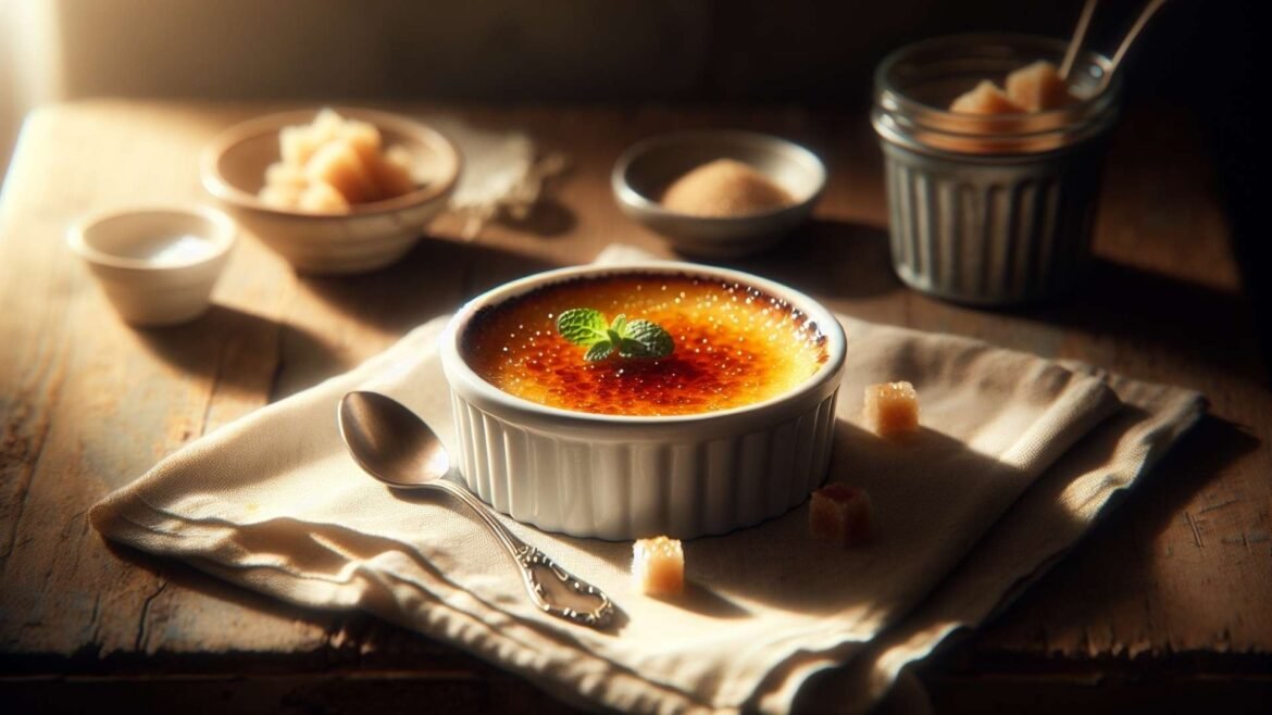 Close-up of a classic French Crème Brûlée dessert in a white ramekin, topped with golden caramelized sugar, served on a rustic wooden table with a dessert spoon.