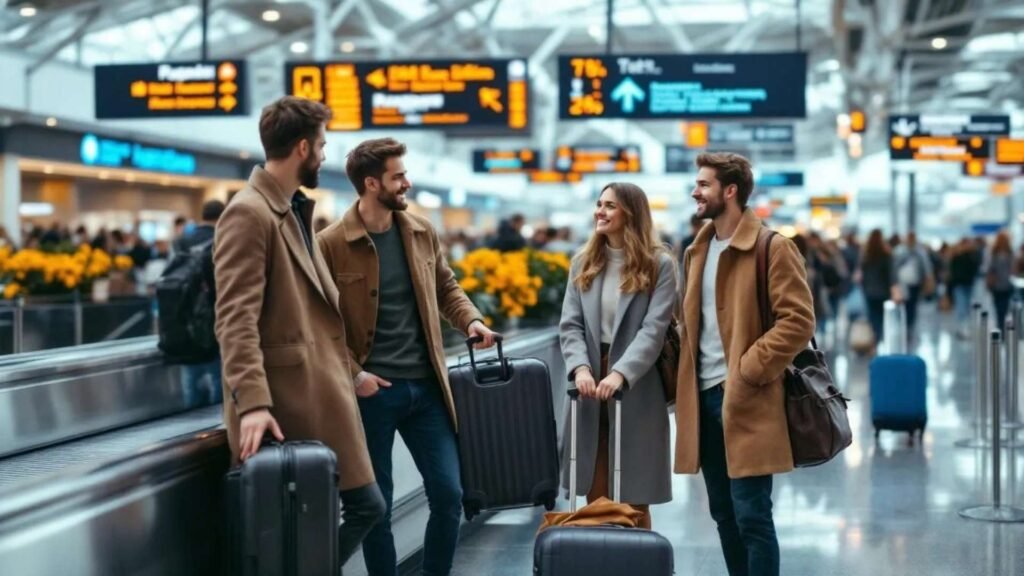 Four young travelers with suitcases chatting and smiling at baggage claim inside Sheremetyevo International Airport.