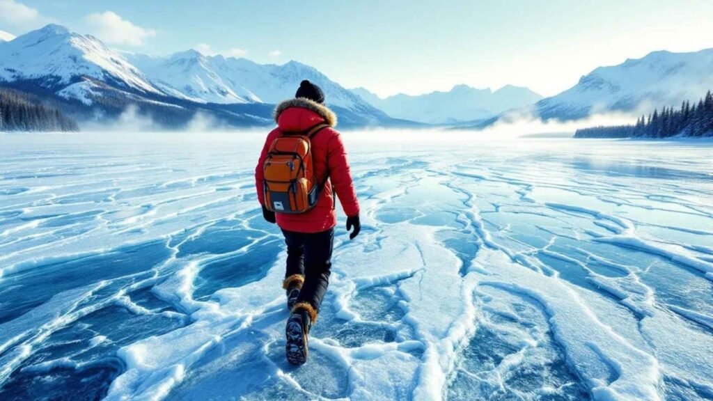 Clear ice surface of Lake Baikal with deep cracks and air bubbles, traveler walking across the frozen lake under golden sunlight, snowy mountains in background.