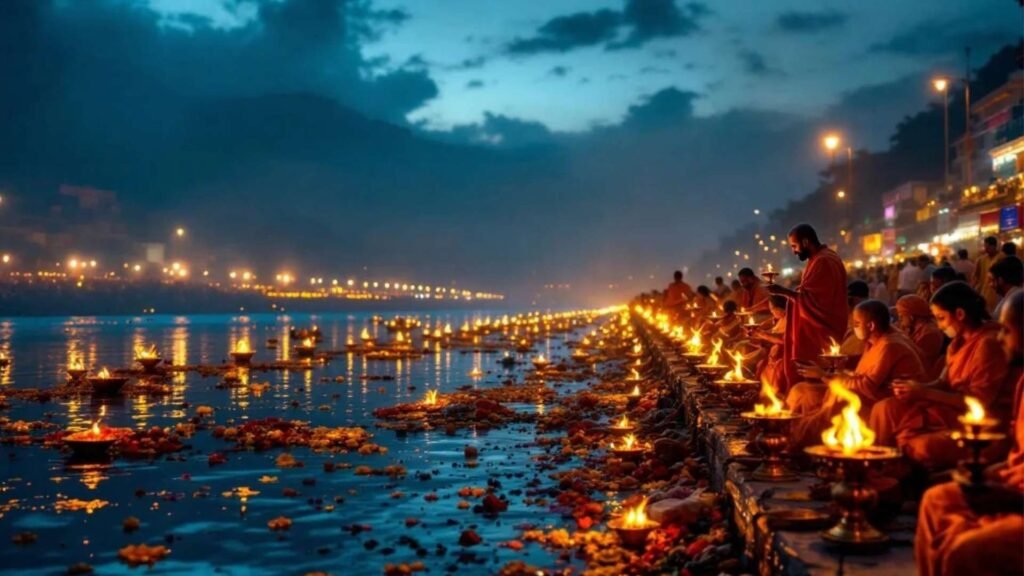 Priests performing Ganga Aarti with brass oil lamps at Parmarth Niketan Ghat, Rishikesh, during twilight.