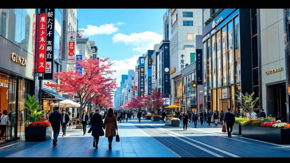 Pedestrian view of Chuo-dori Street in Ginza with luxury brand stores and shoppers in daylight.