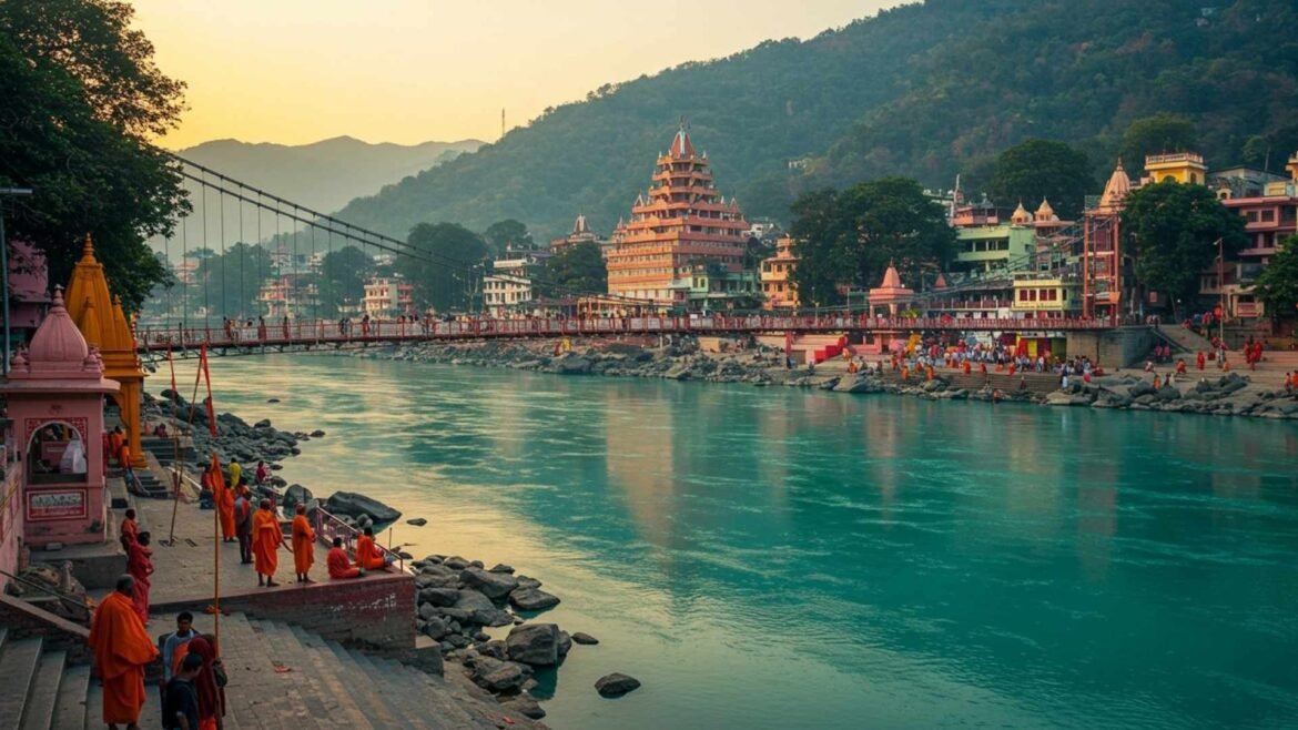 Golden hour view of Rishikesh, India, featuring the Lakshman Jhula suspension bridge over the Ganges River, colorful temples, and the Himalayan foothills in the background.