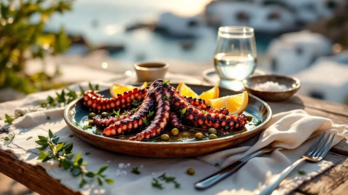 Side-angle view of chargrilled octopus with lemon and herbs served at a rustic Greek taverna table by the sea
