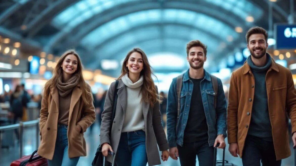 Two young women and two men walking with luggage inside Sheremetyevo International Airport, smiling and enjoying their trip.
