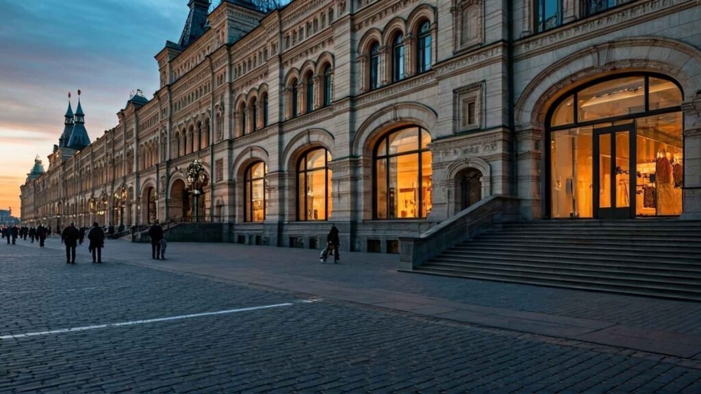 Wide-angle interior view of Moscow’s GUM Department Store with luxury boutiques and visitors enjoying ice cream.