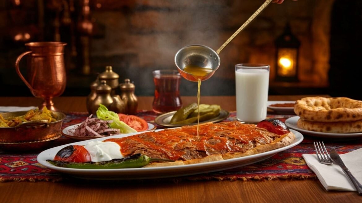 Iskender Kebab served on a long white plate with abundant döner meat fully covered in tomato sauce and hot melted butter being poured on top, surrounded by elegant table settings.