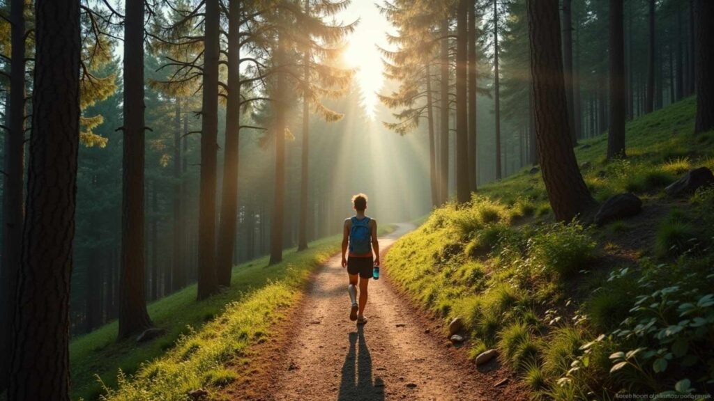 A young man with a backpack walks along a peaceful forest trail as morning sunlight filters through tall pine trees, casting golden rays across the path.