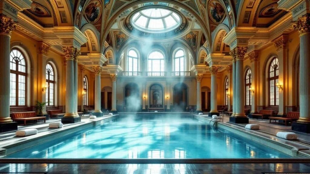 Ornate indoor thermal pool at Friedrichsbad spa in Baden-Baden, Germany, with marble columns, domed ceiling, and steam rising from the water.