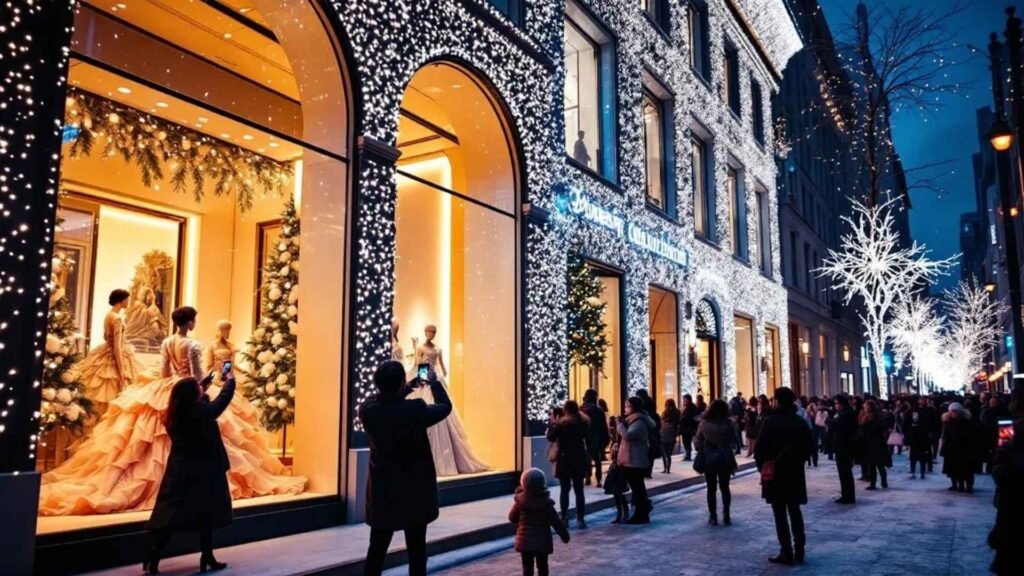 Festive holiday lights and window displays at Saks Fifth Avenue with crowds of tourists taking photos.