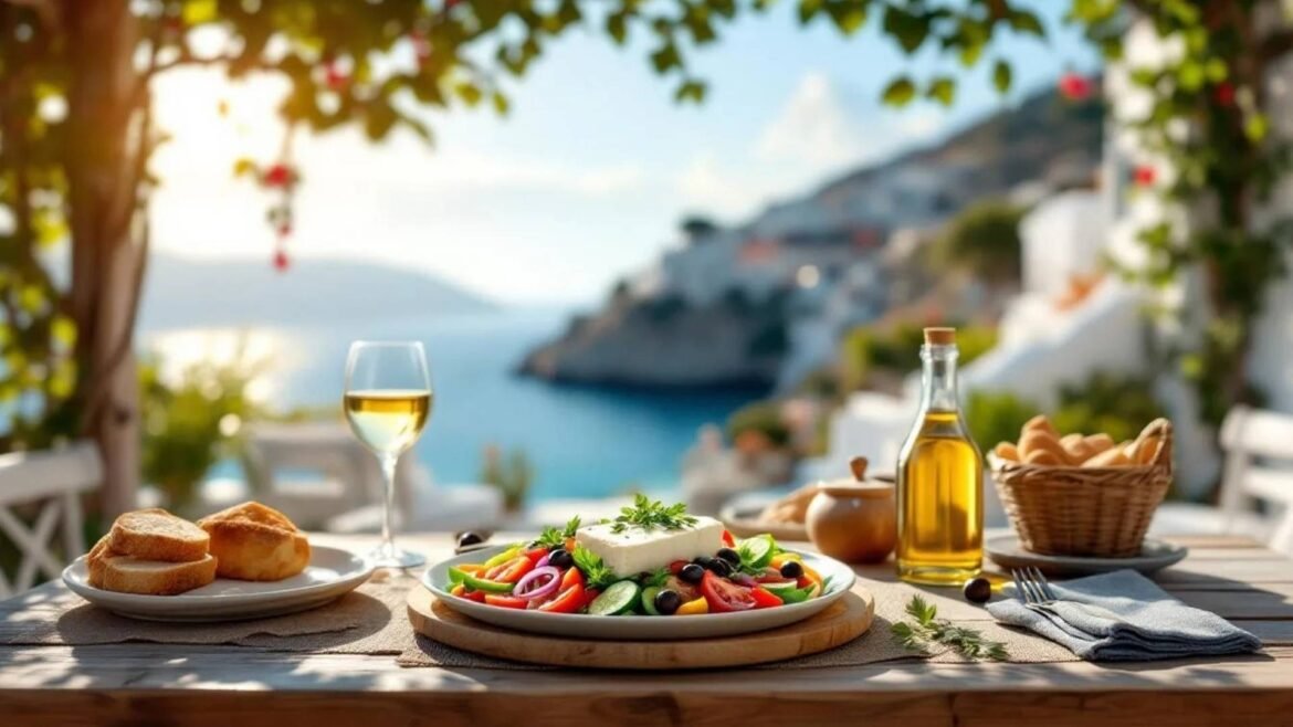 Overhead view of traditional Greek village salad with fresh vegetables and feta cheese