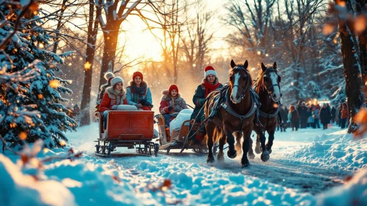 Families enjoying a festive horse-drawn sleigh ride through snow-covered trees at the Russian Winter Festival in Moscow