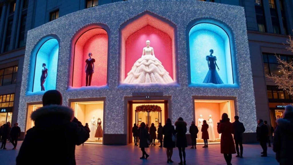 Evening street view of a luxury fashion store with mannequins in elegant dresses displayed in brightly lit, colorful holiday windows, surrounded by festive lights.