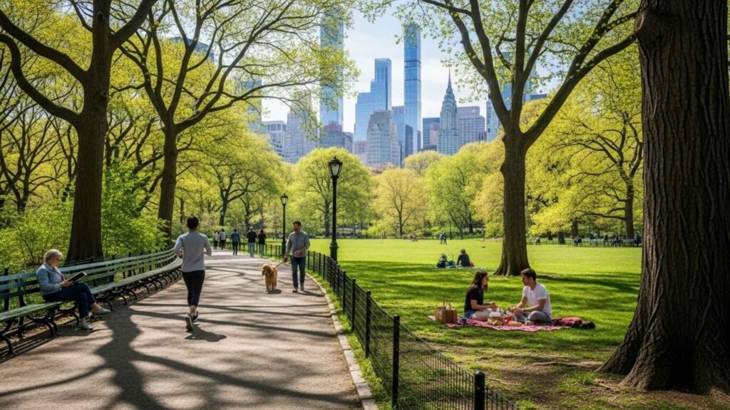 Photorealistic view from inside Central Park showing pathways, trees, and Midtown Manhattan skyscrapers on a sunny spring day.