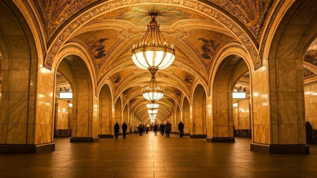 Golden mosaics and chandeliers in Komsomolskaya Metro station, Moscow.
