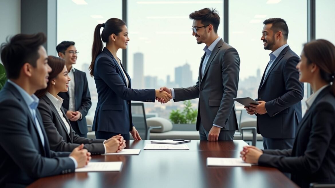 : International and Chinese businesspeople shaking hands in a modern office with Shanghai skyline in the background