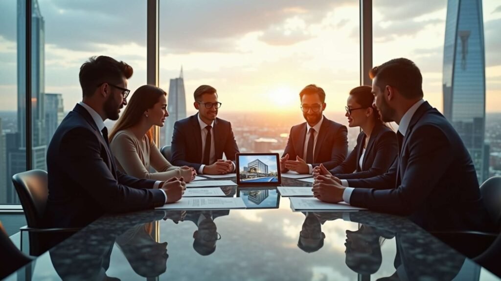 International investors in a high-rise London office overlooking the skyline during a property investment meeting.