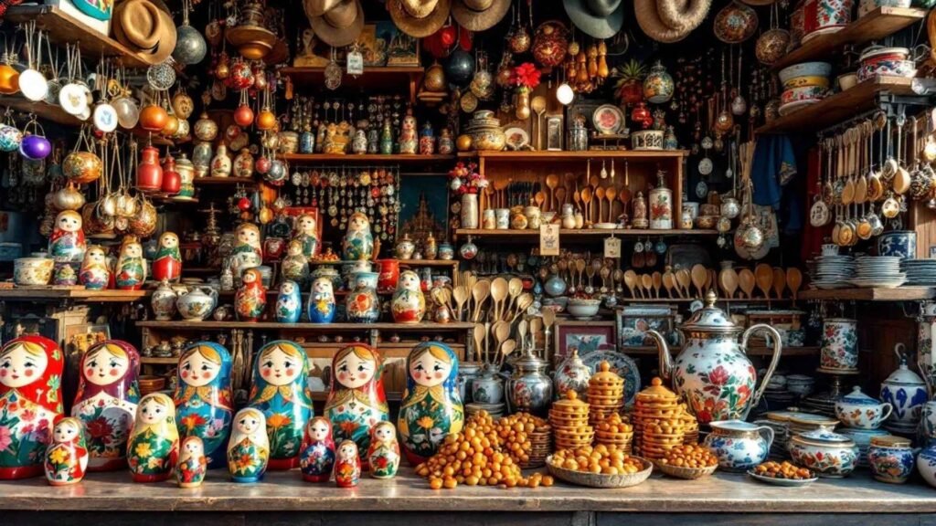 Colorful stalls at Izmailovsky Market with matryoshka dolls, lacquer boxes, and traditional Russian souvenirs.