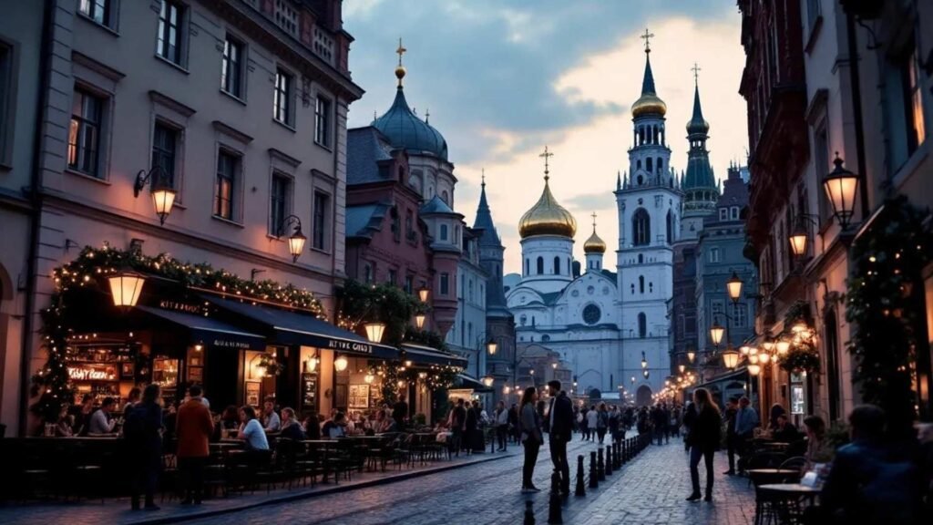Kitay-Gorod street view with medieval churches and modern bars side by side.