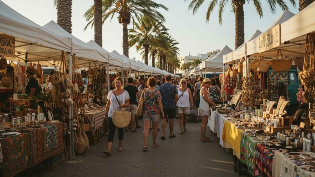 Tourists browsing colorful boho stalls at Las Dalias Hippy Market in Ibiza
