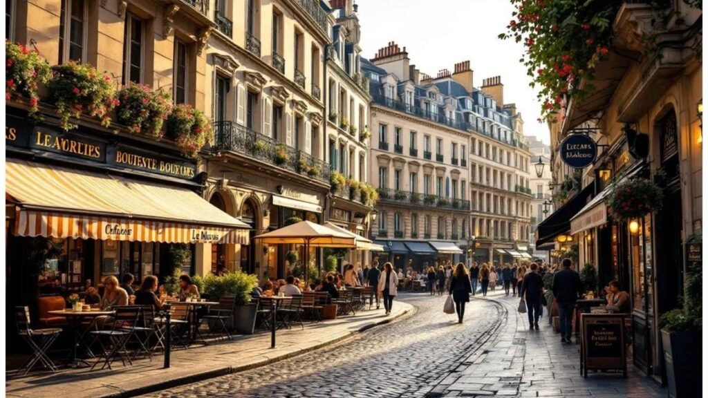 Cobblestone street in Le Marais, Paris, with historic buildings, boutique shops, and outdoor