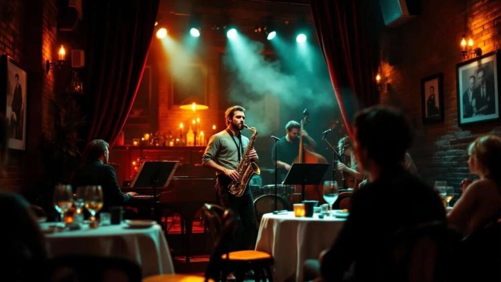 Intimate Moscow jazz club with candlelit tables, live band, and guests enjoying wine and music.