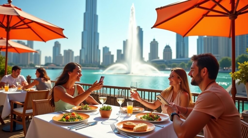 Outdoor dining with Dubai Fountain show in the background