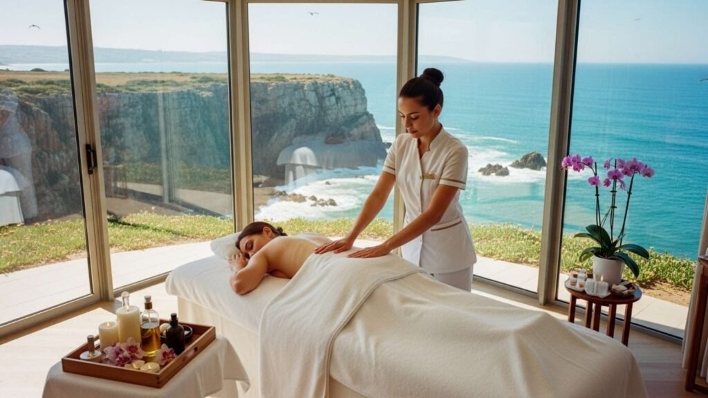 Elegant spa suite in Cascais with panoramic Atlantic Ocean views, a client receiving a relaxing back massage from a professional therapist.