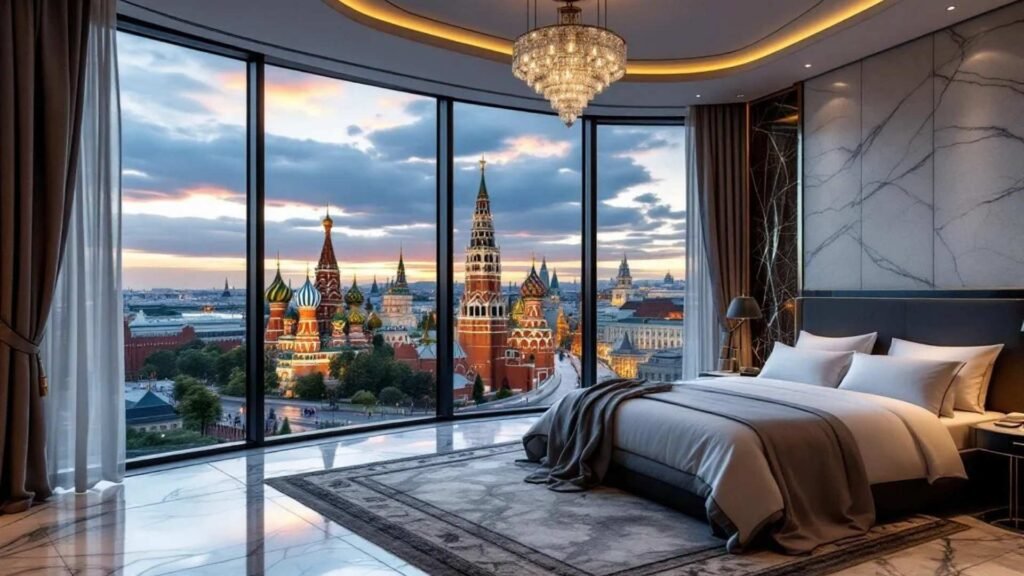 Elegant luxury hotel suite in Moscow with panoramic views of the Kremlin and St. Basil’s Cathedral at sunset.