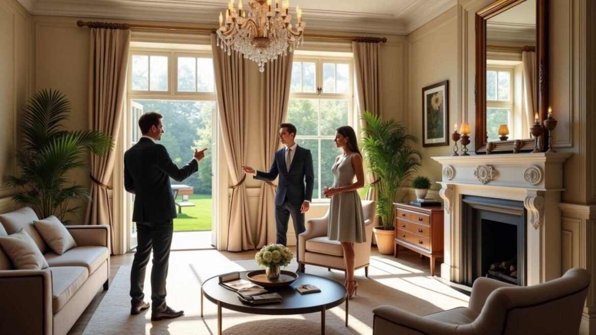 Real estate agent showing an elegant living room in a Kensington townhouse to international buyers.