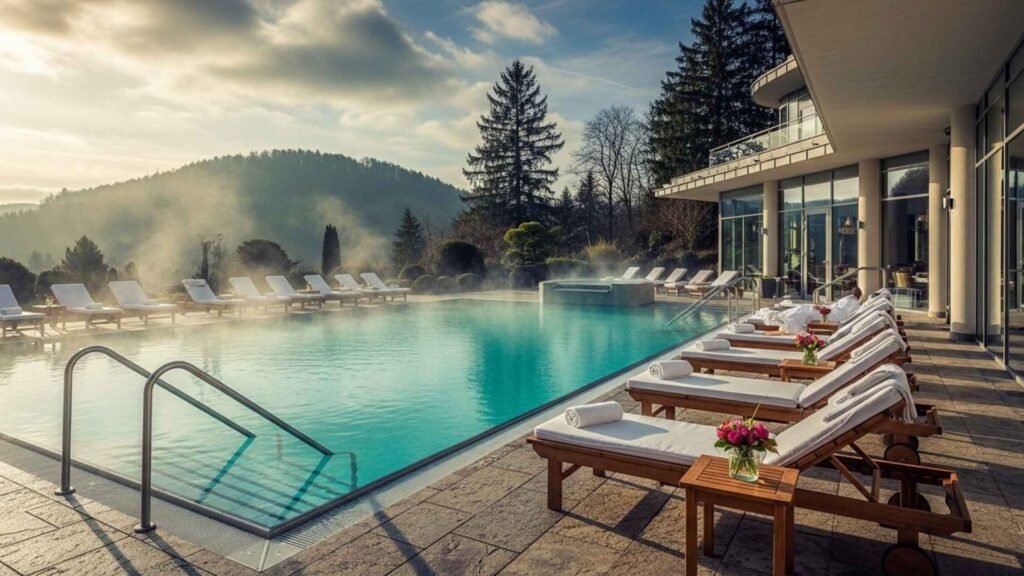Steaming outdoor thermal pool at a luxury spa in Baden-Baden, Germany, surrounded by sun loungers and overlooking the Black Forest hills.