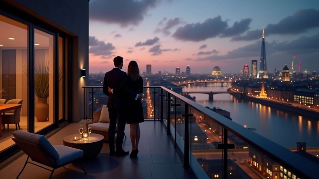 Couple standing on a luxury penthouse balcony overlooking London skyline at dusk.