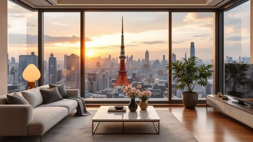 Photorealistic interior of a luxury Tokyo penthouse with floor-to-ceiling windows overlooking Tokyo Tower and the skyline at sunset.