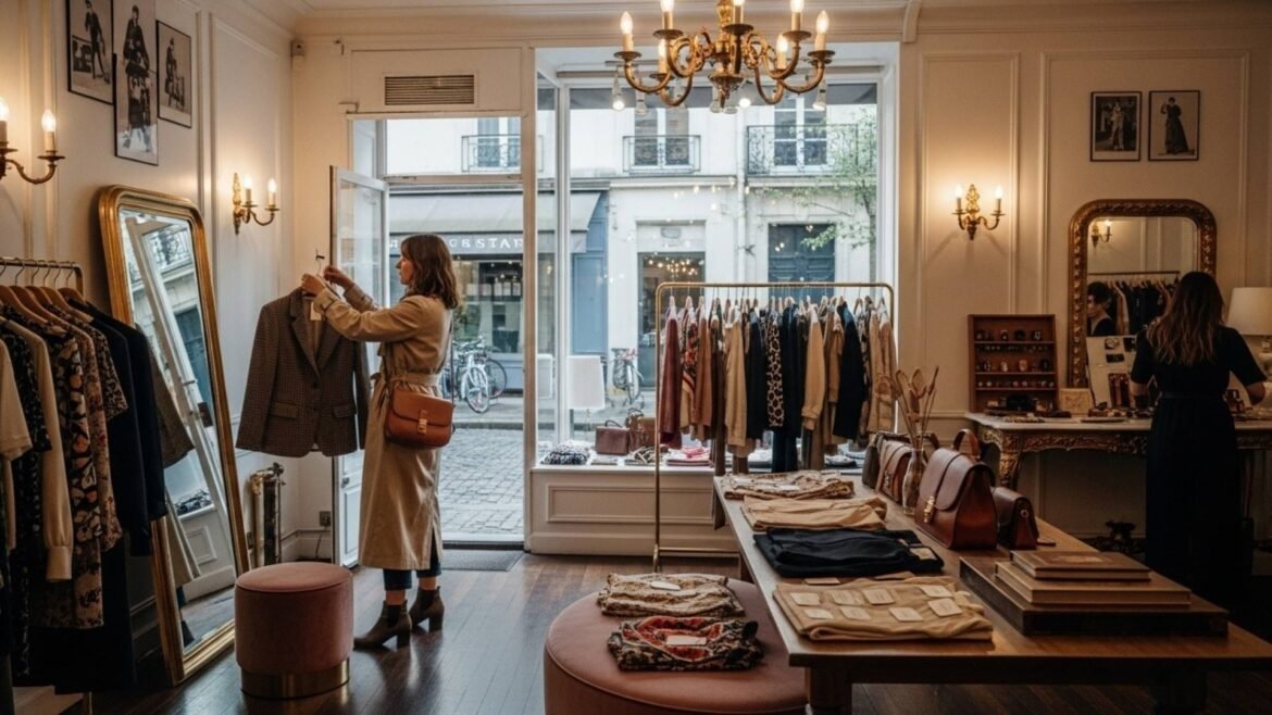 A traveler shopping for second-hand designer clothes in a cozy Paris vintage store