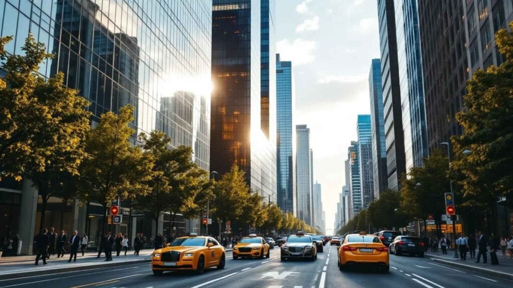 High-rise office towers in Istanbul’s Levent business district with people walking on the street.