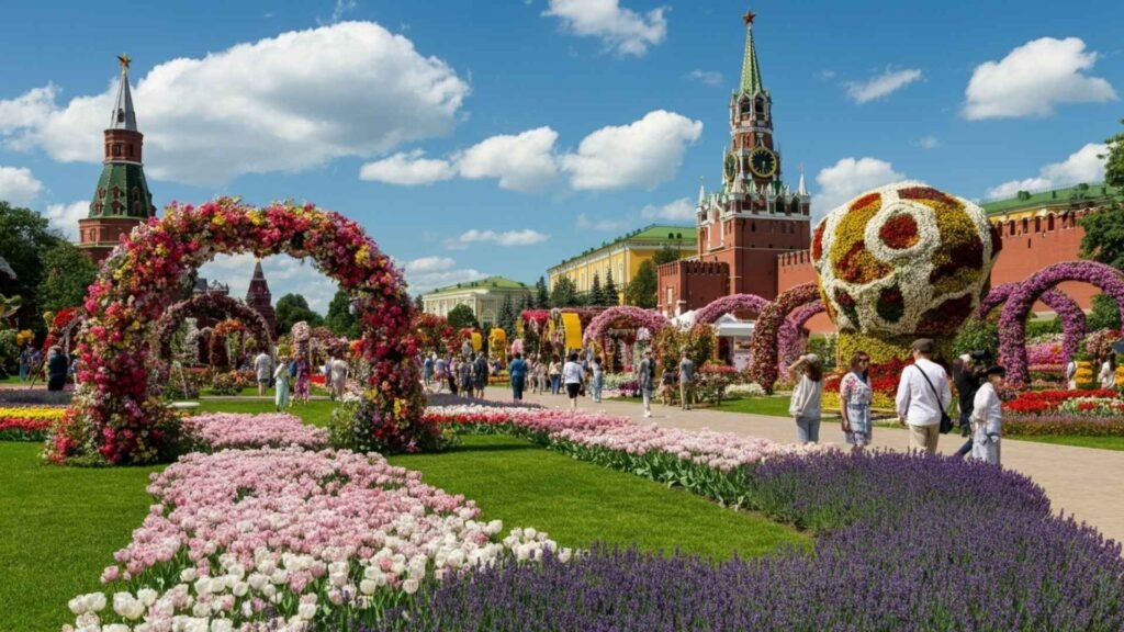 Colorful floral installations at the Moscow Flower Show with Kremlin walls in the background