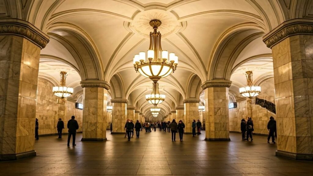 Travelers walking through Moscow Metro’s Komsomolskaya station with chandeliers and mosaics.