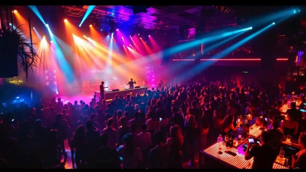 Packed Moscow dance club with DJs, colorful lights, and people dancing until sunrise.