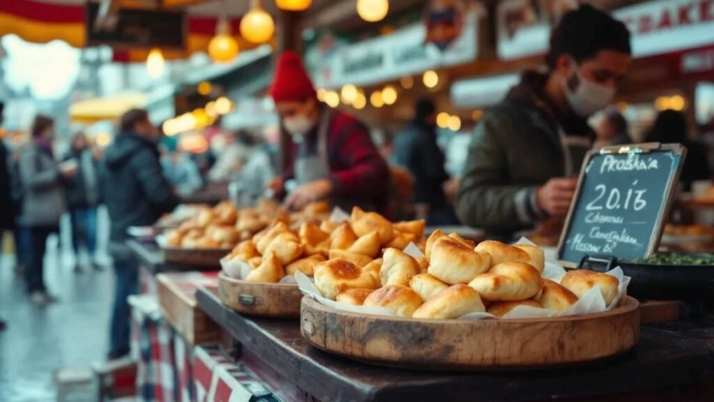 Fresh pirozhki and cheburek displayed at a Moscow street food market stall.