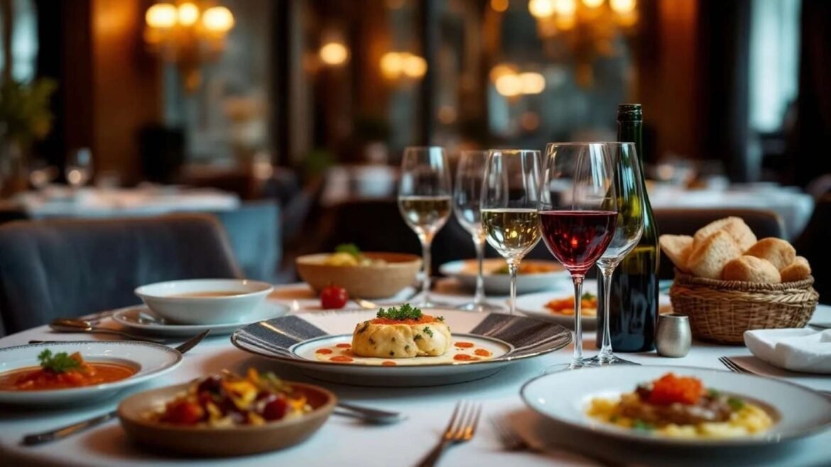 A fine dining table in a Moscow restaurant featuring traditional Russian dishes and modern gourmet cuisine.