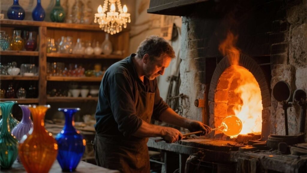 A Venetian artisan shaping glowing molten glass inside a traditional Murano workshop with colorful glass vases and chandeliers in the background.
