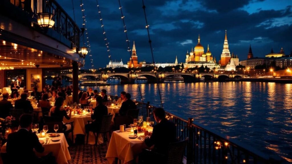 Luxury river cruise in Moscow at night with dining, live music, and views of the illuminated Kremlin.