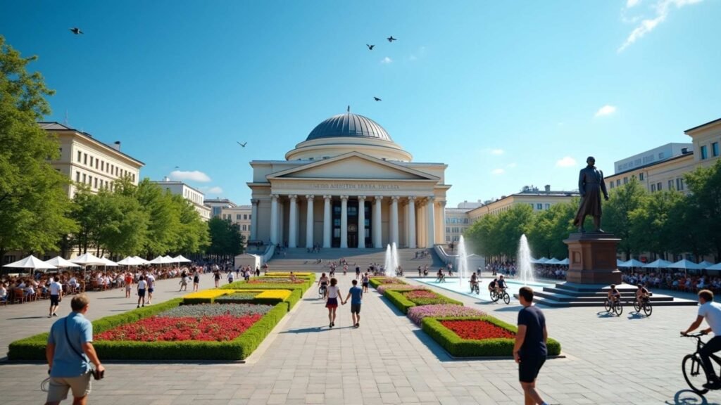 Lenin Square in Novosibirsk with the grand Opera and Ballet Theatre in the background, locals walking across the square with summer flowers in bloom.