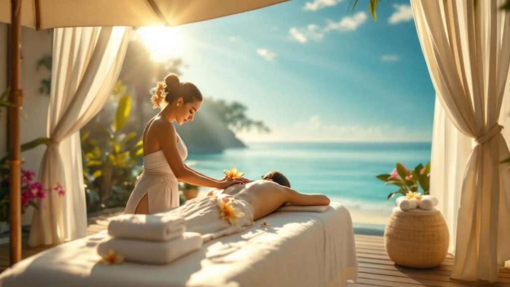 Massage therapist giving a relaxing back massage in an open-air spa pavilion with an ocean view in Bali, Indonesia.